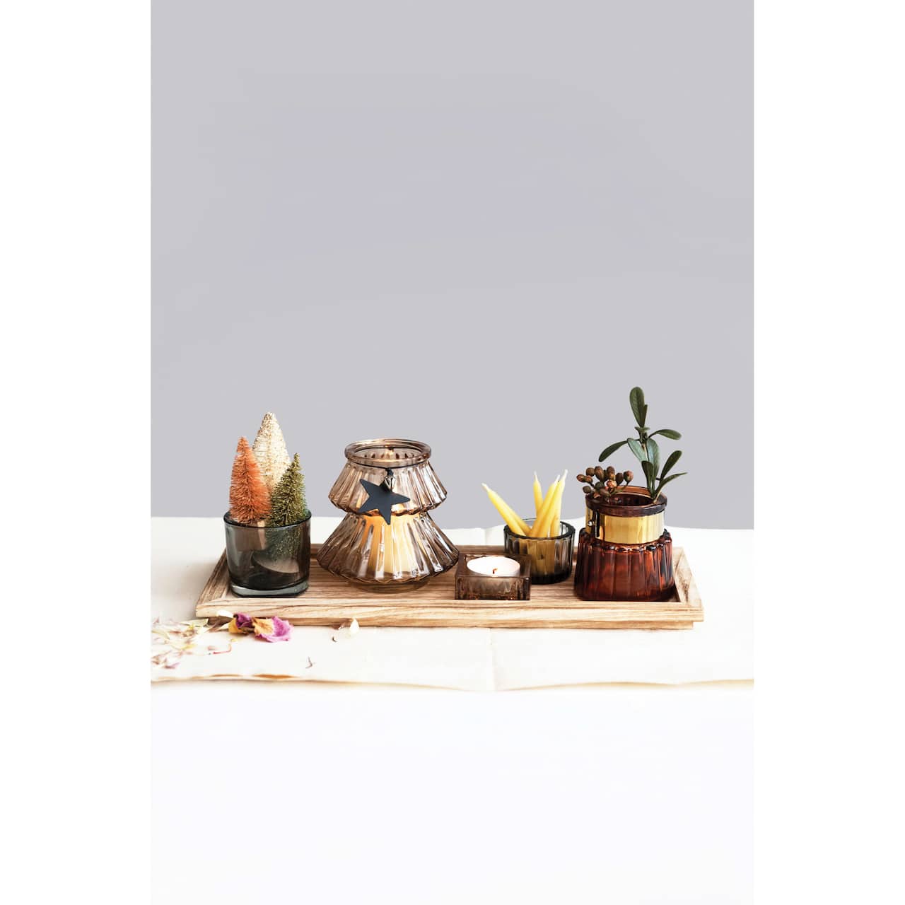 Hello Honey® Wood Tray with 5 Multicolor Glass Tealight/Votive Holders Set